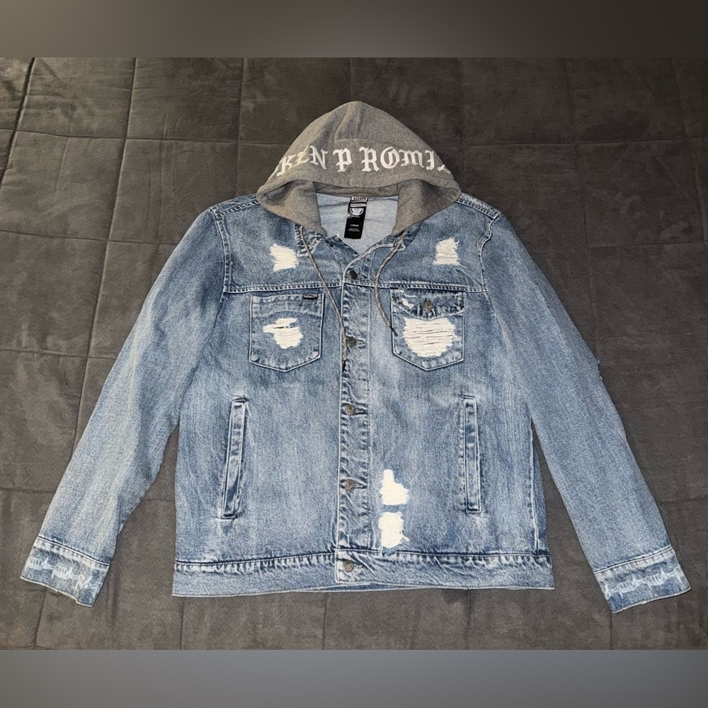 Broken Promises Men's Blue Denim Jacket with Gray Hood Large